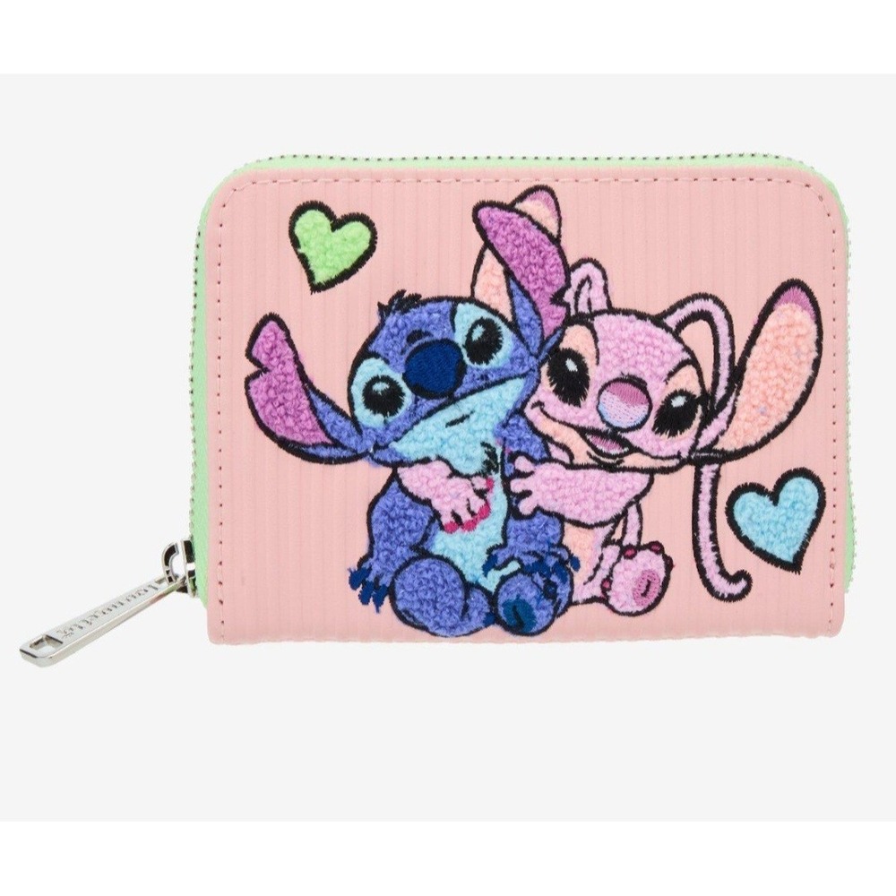 NEW LOUNGEFLY DISNEY STITCH & ANGEL LOVE Hearts Pastel Fuzzy Color Blockโ WALLET
